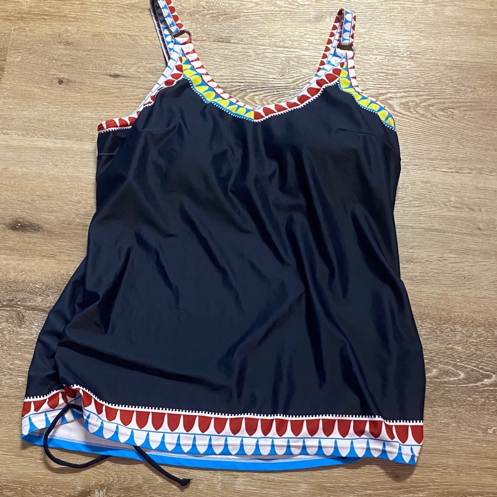SHEIN Navy Multicolor Trim Swim Top